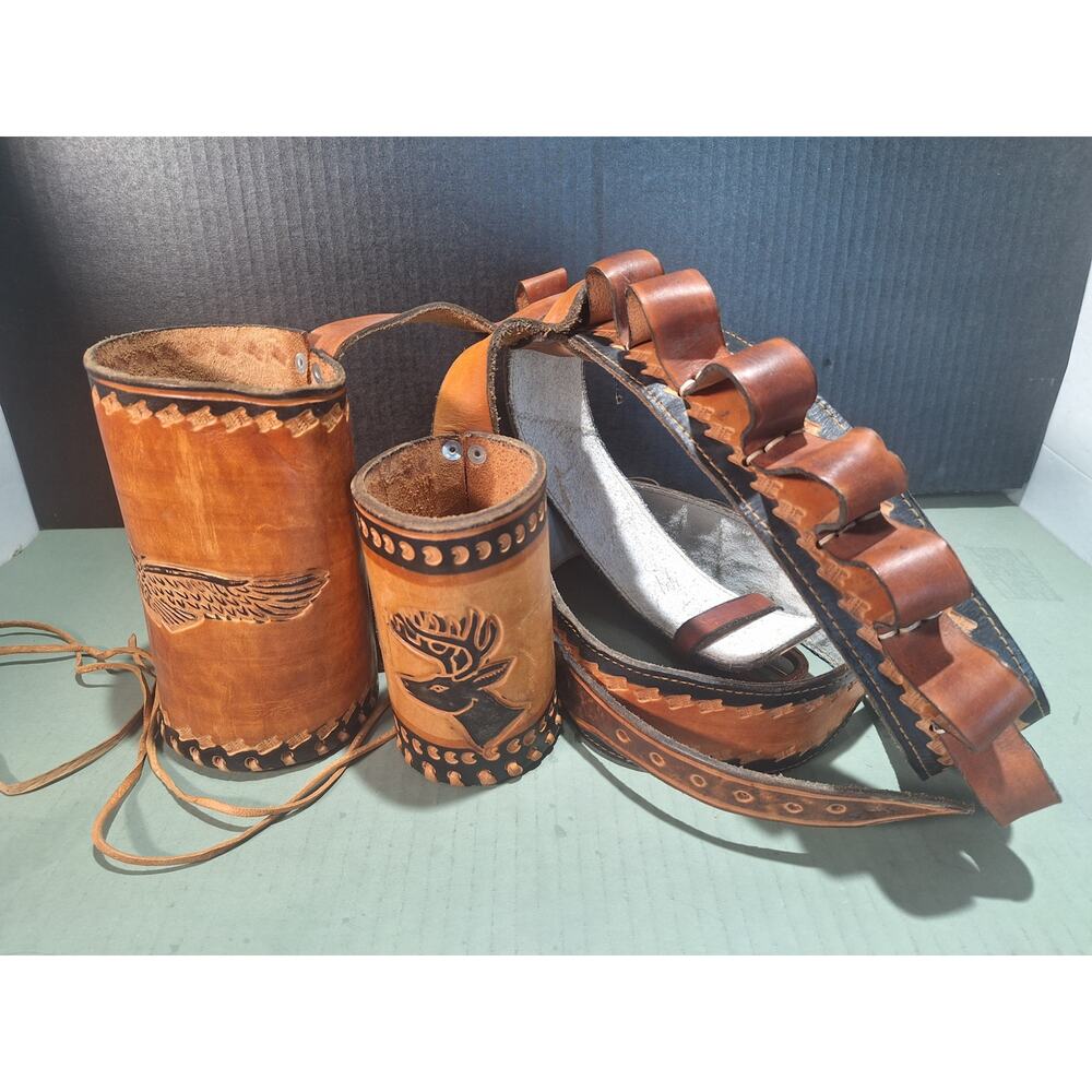 Hand Tooled Leather Shotgun Shell Belt Bottle Holder Shot Glass - Estate Find!